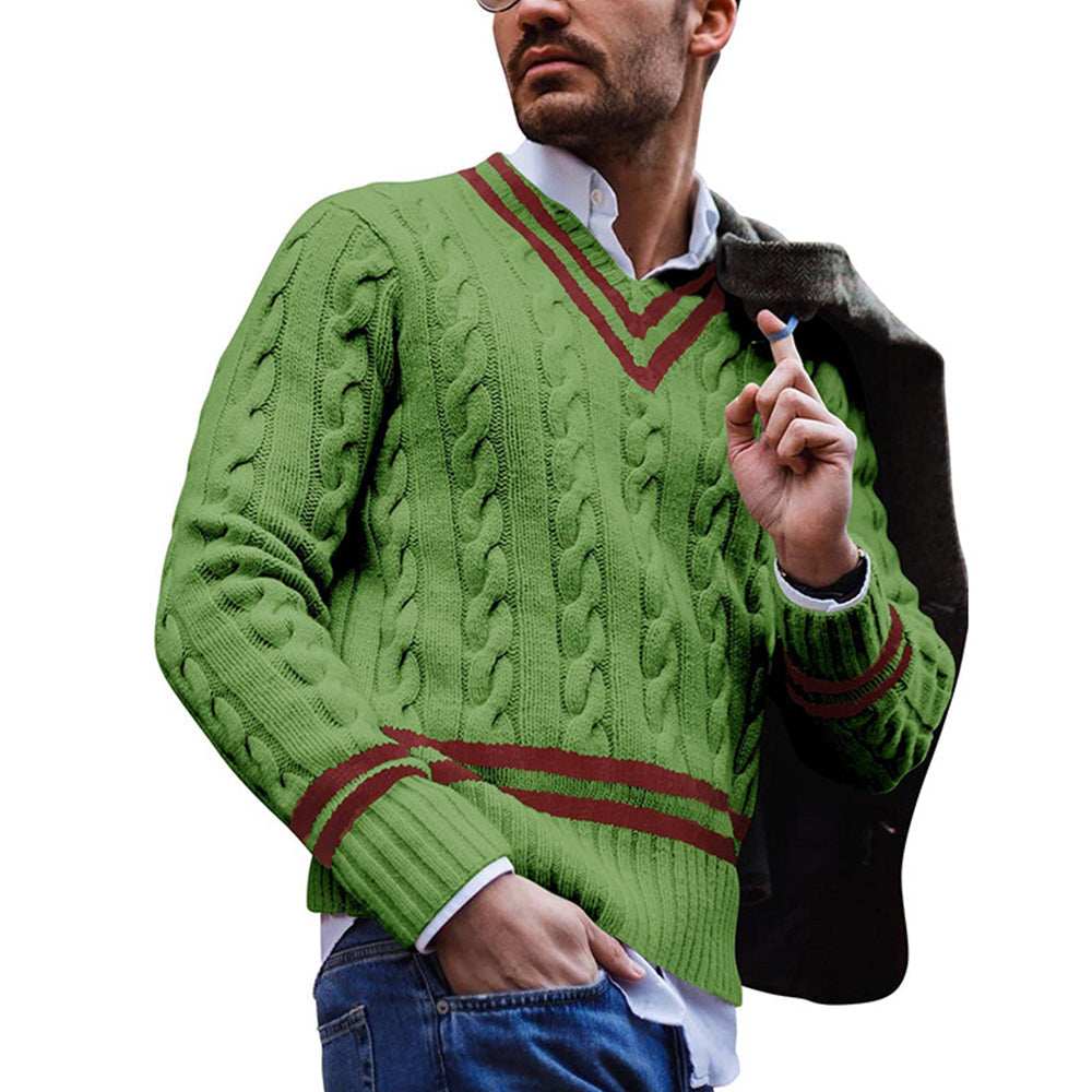 Autumn/Winter Men's V-Neck Striped Colorblock Sweater